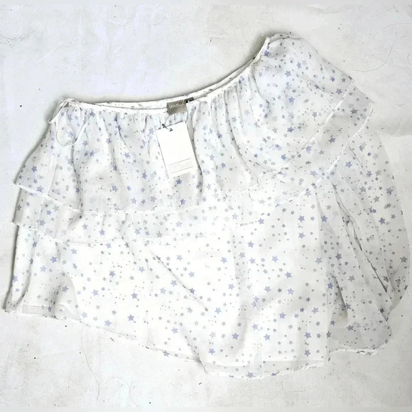 Asos frilled off shoulder puffy sleeve white & Blue Stars Beachy Boho blo… - Picture 1 of 9